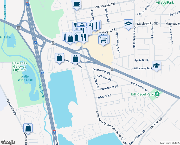 map of restaurants, bars, coffee shops, grocery stores, and more near 1610 Lancaster Drive Southeast in Salem