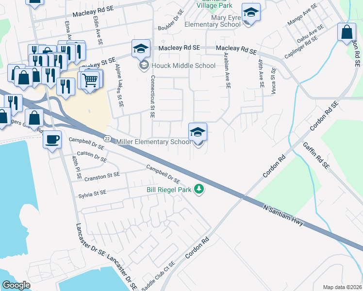 map of restaurants, bars, coffee shops, grocery stores, and more near 1753 Cherry Bloom Court Southeast in Salem