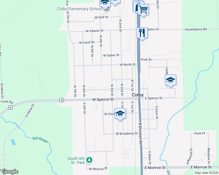 map of restaurants, bars, coffee shops, grocery stores, and more near 105 North 3rd Street in Colby