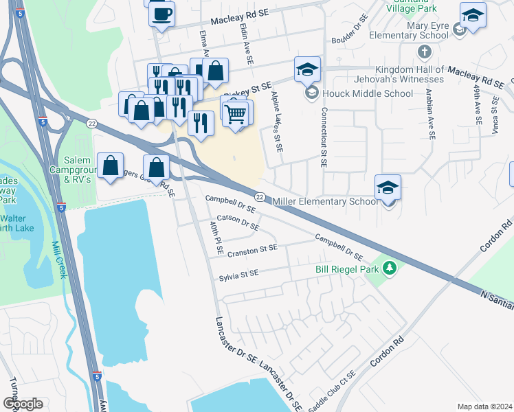map of restaurants, bars, coffee shops, grocery stores, and more near 4173-4175 Campbell Drive Southeast in Salem