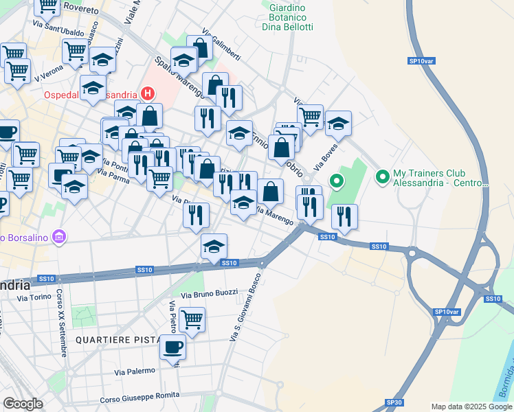 map of restaurants, bars, coffee shops, grocery stores, and more near 18-24 Via Carlo Pisacane in Alessandria