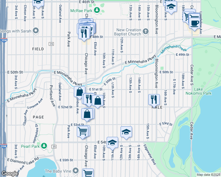 map of restaurants, bars, coffee shops, grocery stores, and more near 5016 11th Avenue South in Minneapolis