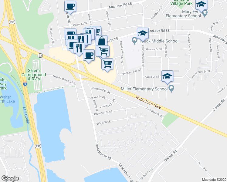 map of restaurants, bars, coffee shops, grocery stores, and more near 4342 Wildcherry Court Southeast in Salem