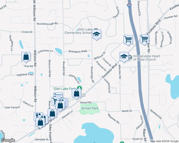 map of restaurants, bars, coffee shops, grocery stores, and more near 5101 Woodridge Road in Minnetonka