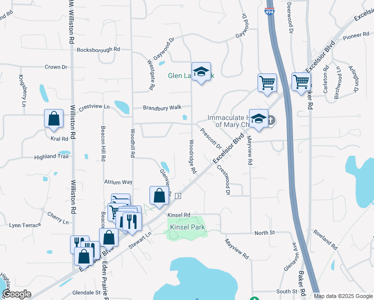 map of restaurants, bars, coffee shops, grocery stores, and more near 5101 Woodridge Road in Minnetonka