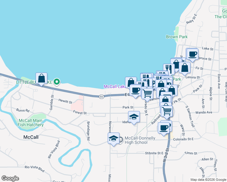 map of restaurants, bars, coffee shops, grocery stores, and more near 101 East Lake Street in McCall