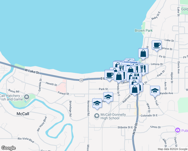 map of restaurants, bars, coffee shops, grocery stores, and more near 101 East Lake Street in McCall