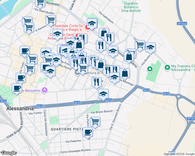 map of restaurants, bars, coffee shops, grocery stores, and more near 27 Via Piave in Alessandria