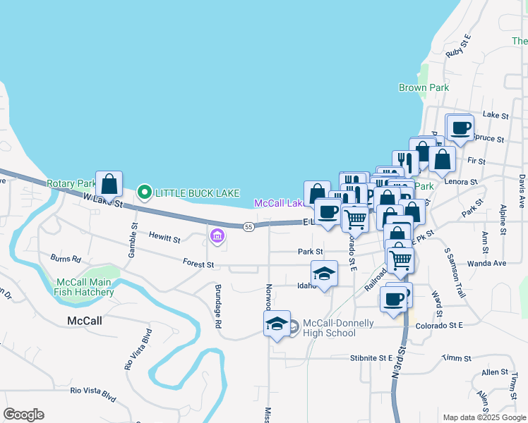 map of restaurants, bars, coffee shops, grocery stores, and more near 101 East Lake Street in McCall