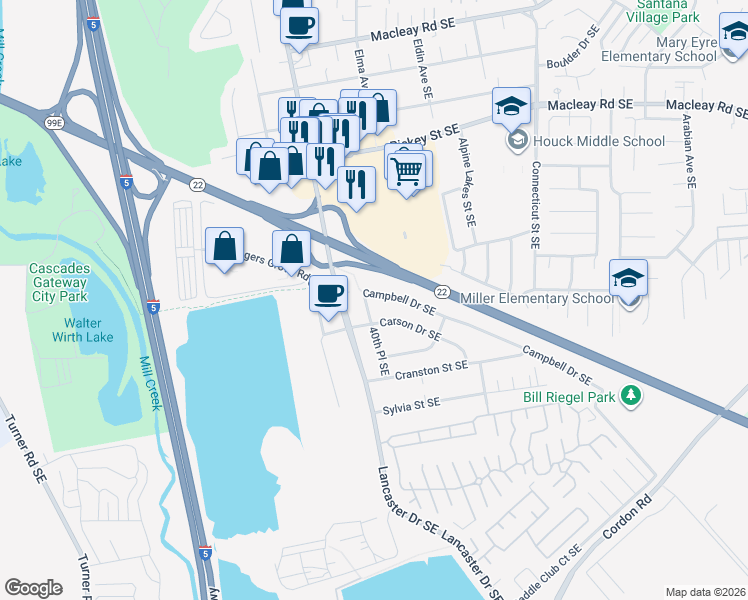 map of restaurants, bars, coffee shops, grocery stores, and more near 4043 Campbell Drive Southeast in Salem