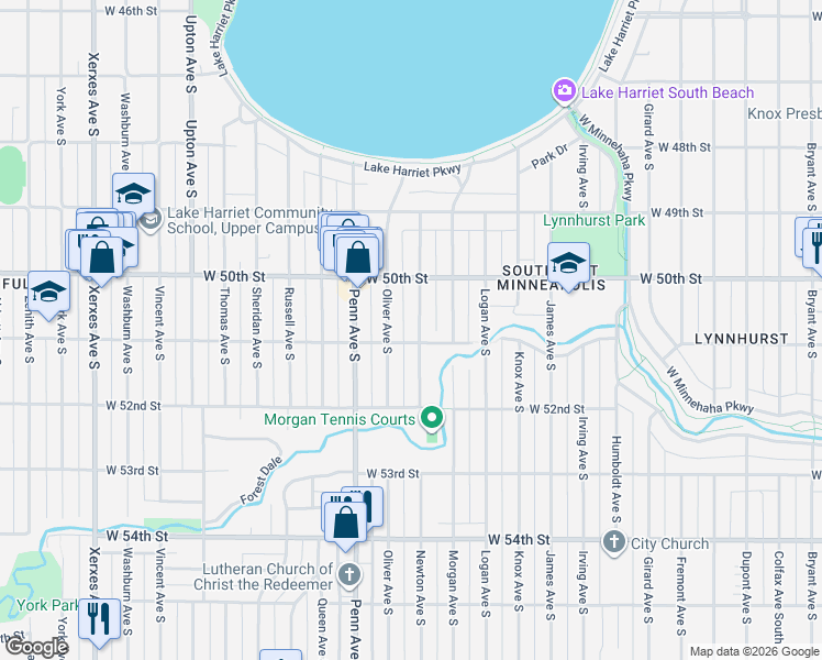 map of restaurants, bars, coffee shops, grocery stores, and more near 5029 Newton Avenue South in Minneapolis