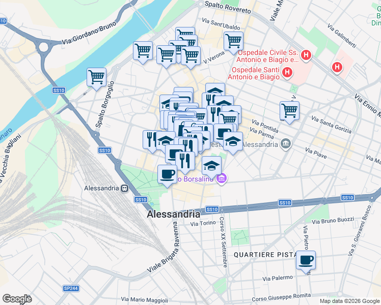 map of restaurants, bars, coffee shops, grocery stores, and more near 32 Via Bergamo in Alessandria