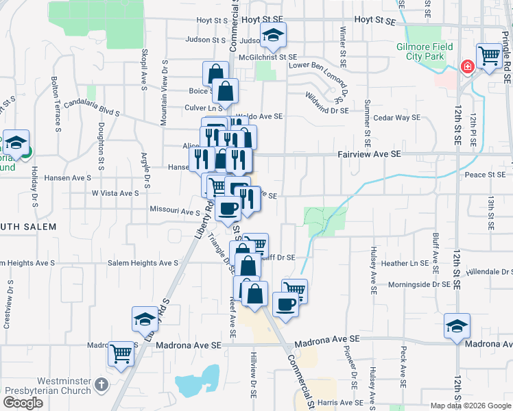 map of restaurants, bars, coffee shops, grocery stores, and more near 424 Vista Avenue Southeast in Salem