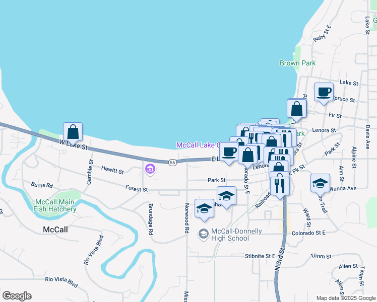 map of restaurants, bars, coffee shops, grocery stores, and more near 101 East Lake Street in McCall