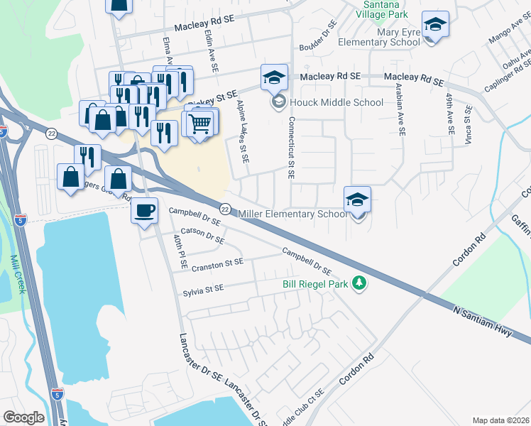 map of restaurants, bars, coffee shops, grocery stores, and more near 1528 Eagle Cap Street Southeast in Salem