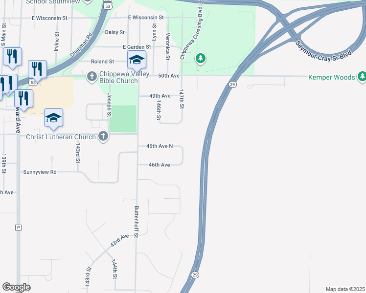 map of restaurants, bars, coffee shops, grocery stores, and more near 14684 46th Avenue North in Chippewa Falls
