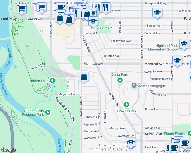 map of restaurants, bars, coffee shops, grocery stores, and more near in Saint Paul