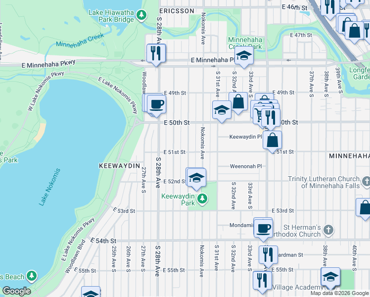map of restaurants, bars, coffee shops, grocery stores, and more near 5035 30th Avenue South in Minneapolis