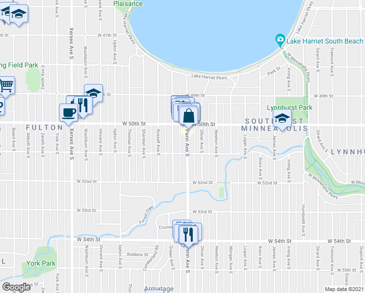 map of restaurants, bars, coffee shops, grocery stores, and more near 5026 Penn Avenue South in Minneapolis