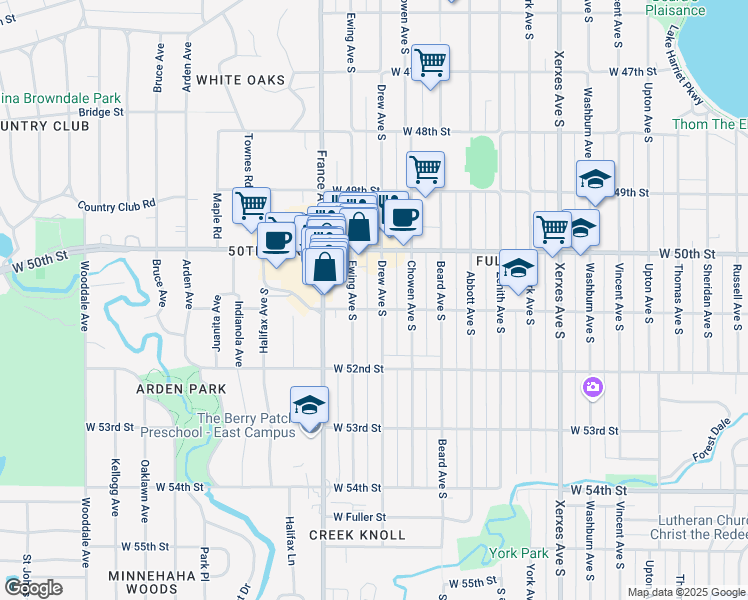 map of restaurants, bars, coffee shops, grocery stores, and more near 5034 Drew Avenue South in Minneapolis