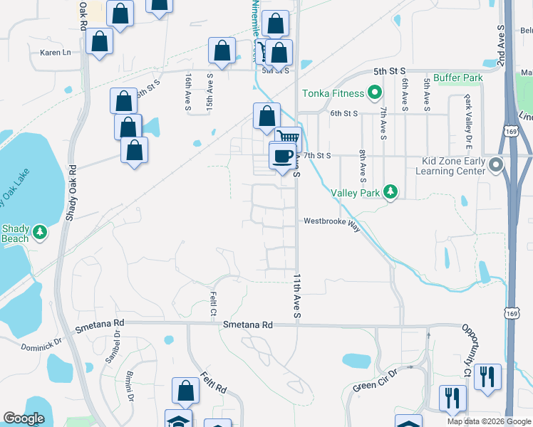 map of restaurants, bars, coffee shops, grocery stores, and more near 1163 Landmark Trail South in Hopkins