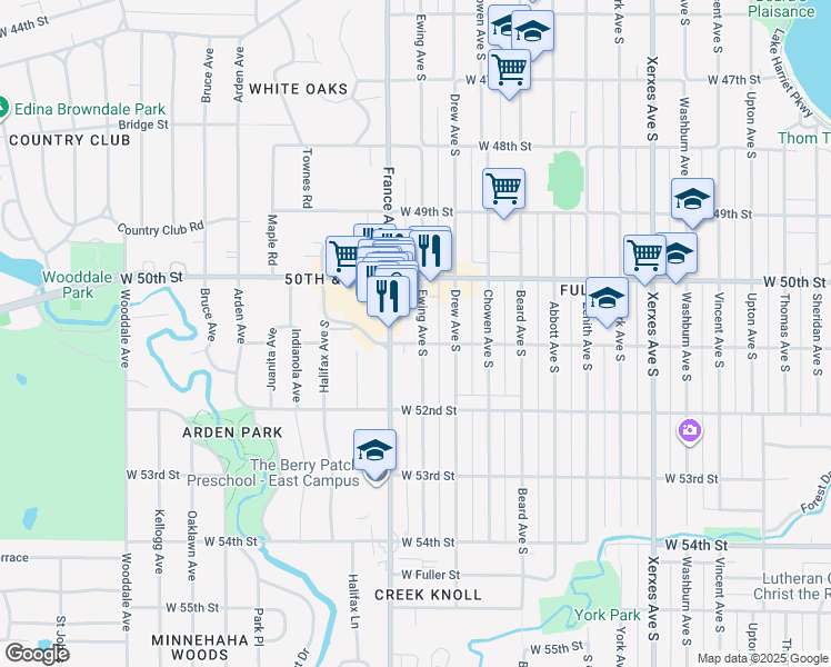map of restaurants, bars, coffee shops, grocery stores, and more near 5052 Ewing Avenue South in Minneapolis