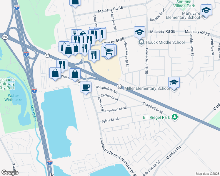 map of restaurants, bars, coffee shops, grocery stores, and more near 4123 Campbell Drive Southeast in Salem