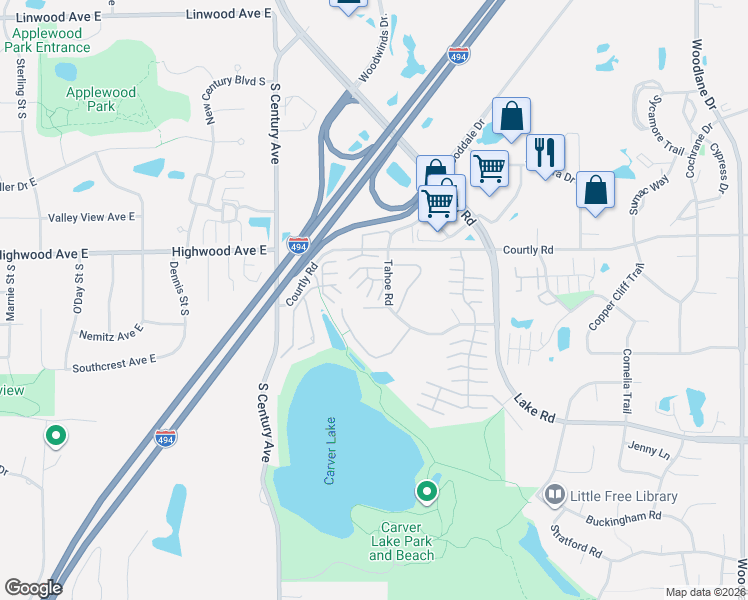 map of restaurants, bars, coffee shops, grocery stores, and more near 6147 Tahoe Circle in Woodbury