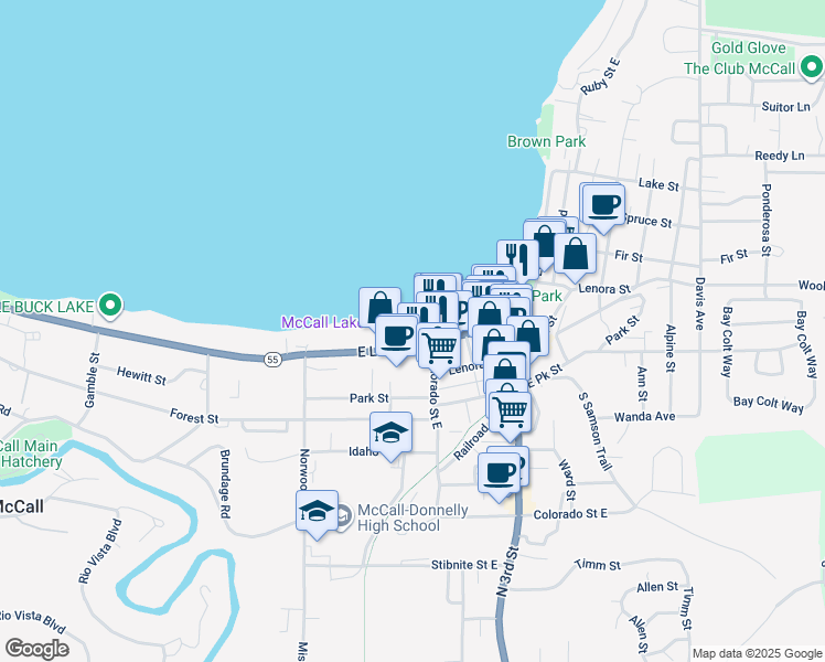 map of restaurants, bars, coffee shops, grocery stores, and more near 147 East Lake Street in McCall
