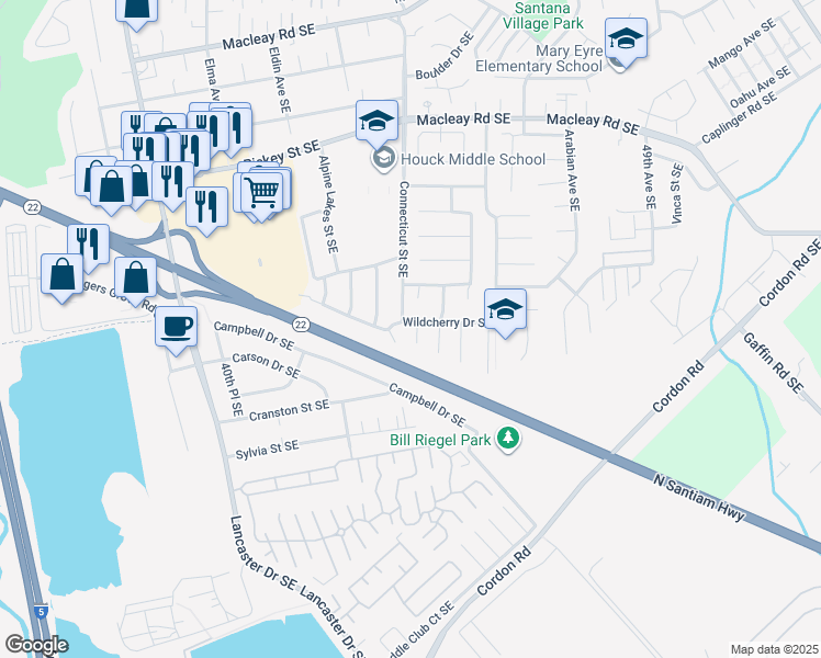 map of restaurants, bars, coffee shops, grocery stores, and more near 4455 Wildcherry Drive Southeast in Salem