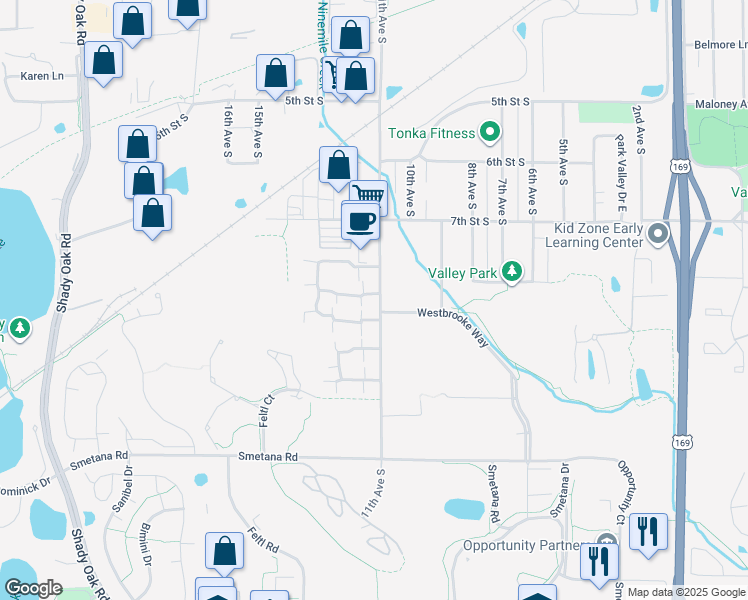 map of restaurants, bars, coffee shops, grocery stores, and more near 747 11th Avenue South in Hopkins