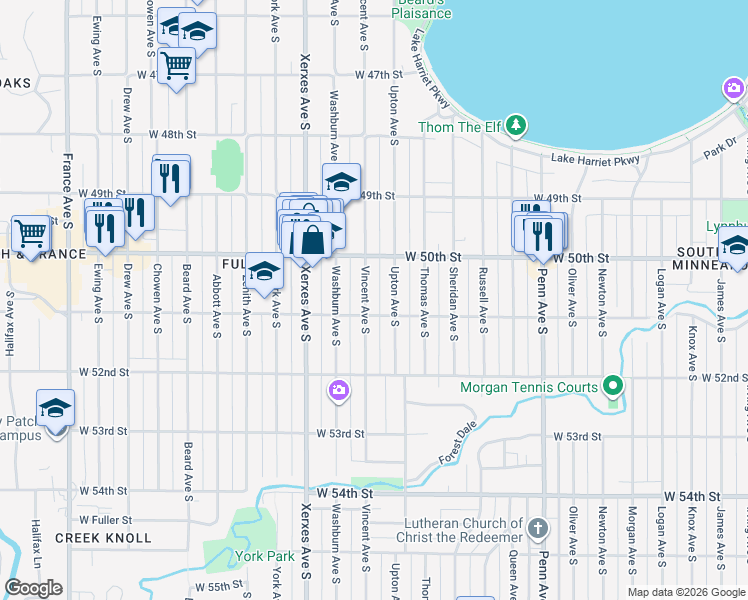 map of restaurants, bars, coffee shops, grocery stores, and more near 5028 Vincent Avenue South in Minneapolis