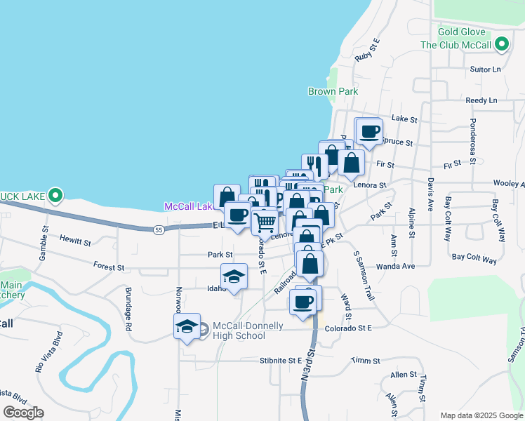 map of restaurants, bars, coffee shops, grocery stores, and more near 147 East Lake Street in McCall