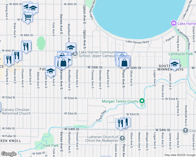 map of restaurants, bars, coffee shops, grocery stores, and more near 5029 Thomas Avenue South in Minneapolis