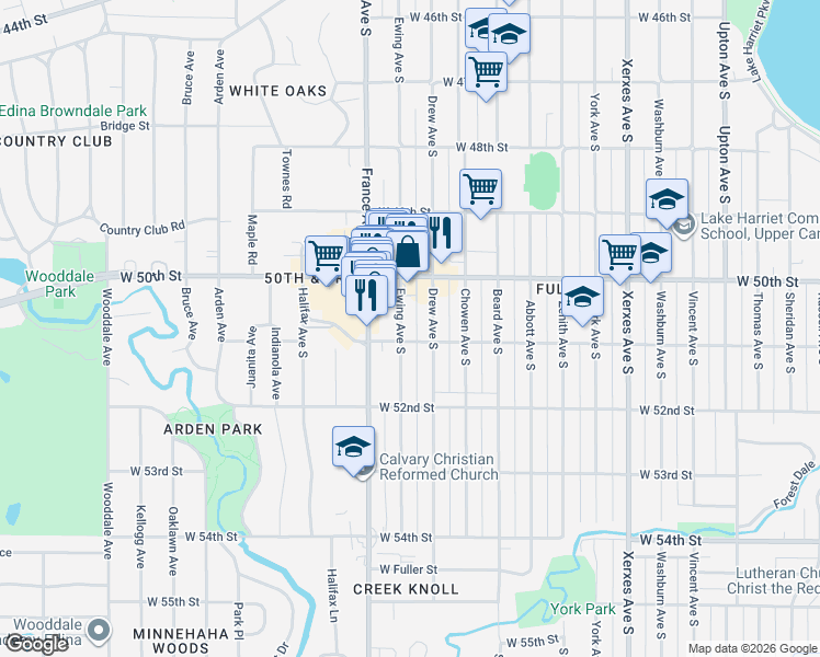 map of restaurants, bars, coffee shops, grocery stores, and more near 5034 Drew Avenue South in Minneapolis