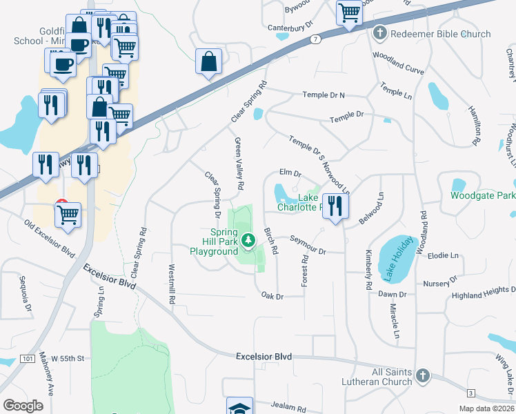 map of restaurants, bars, coffee shops, grocery stores, and more near 5037 Westmill Road in Minnetonka