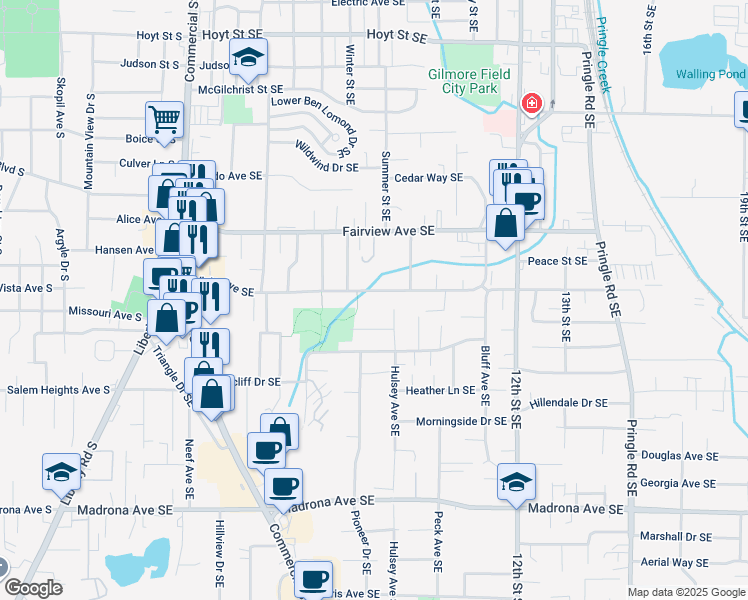 map of restaurants, bars, coffee shops, grocery stores, and more near 845 Vista Avenue Southeast in Salem