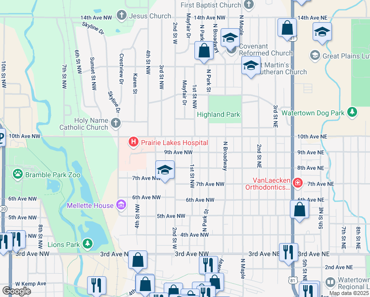map of restaurants, bars, coffee shops, grocery stores, and more near 909 1st Street Northwest in Watertown