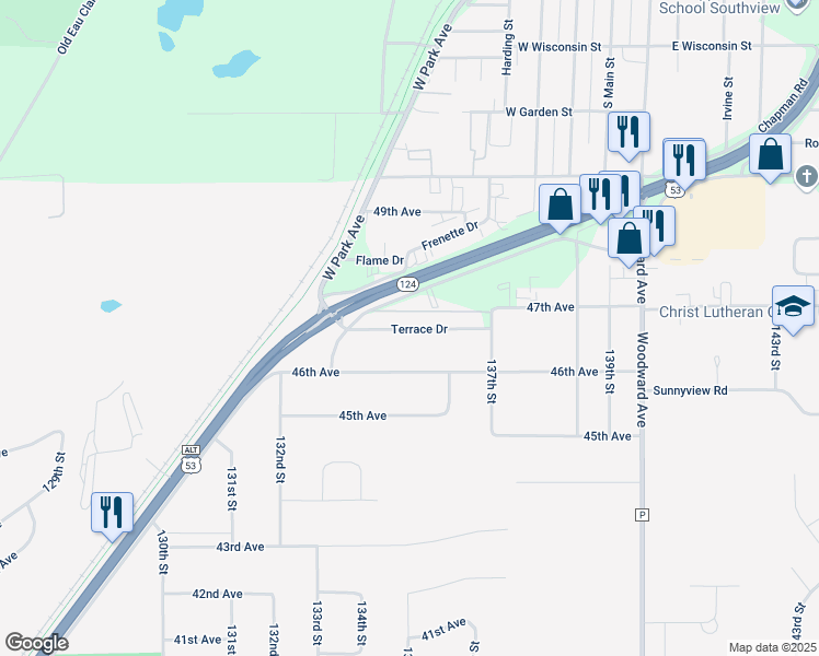 map of restaurants, bars, coffee shops, grocery stores, and more near 520 Terrace Drive in Chippewa Falls