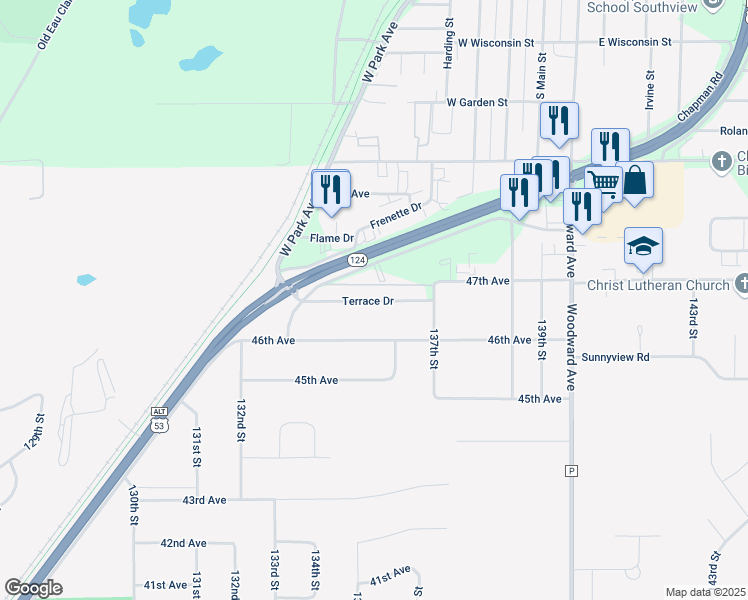 map of restaurants, bars, coffee shops, grocery stores, and more near 520 Terrace Drive in Chippewa Falls
