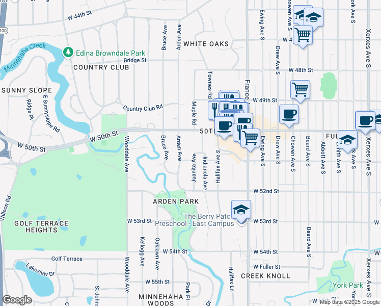 map of restaurants, bars, coffee shops, grocery stores, and more near 5011 Arden Avenue in Minneapolis