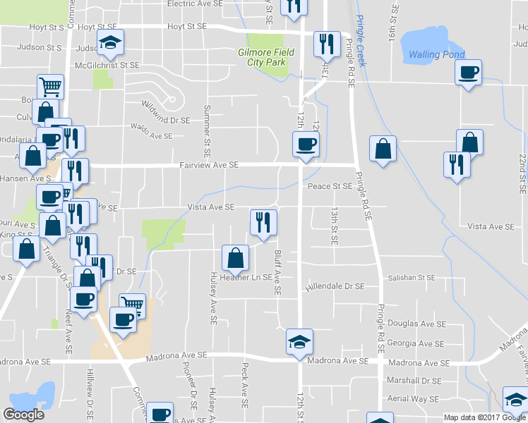 map of restaurants, bars, coffee shops, grocery stores, and more near 1075 Vista Avenue Southeast in Salem