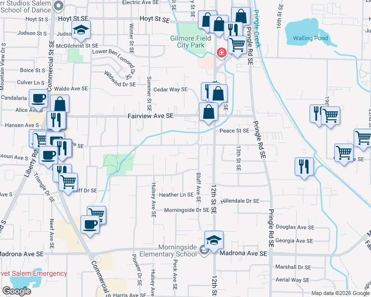 map of restaurants, bars, coffee shops, grocery stores, and more near 1075 Vista Avenue Southeast in Salem