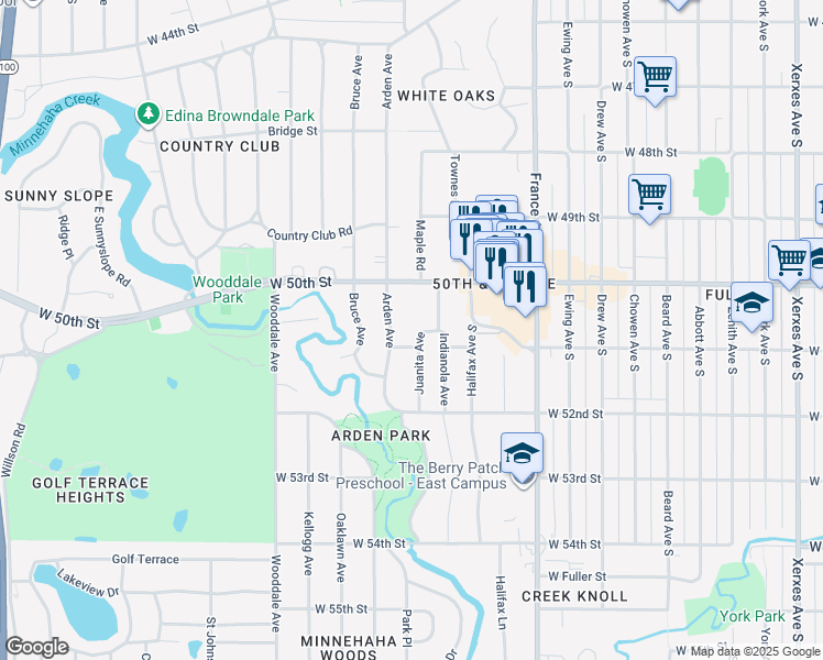 map of restaurants, bars, coffee shops, grocery stores, and more near 5011 Arden Avenue in Minneapolis