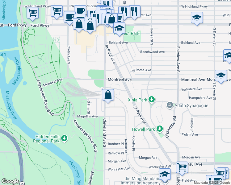 map of restaurants, bars, coffee shops, grocery stores, and more near 2040 Yorkshire Avenue in Saint Paul