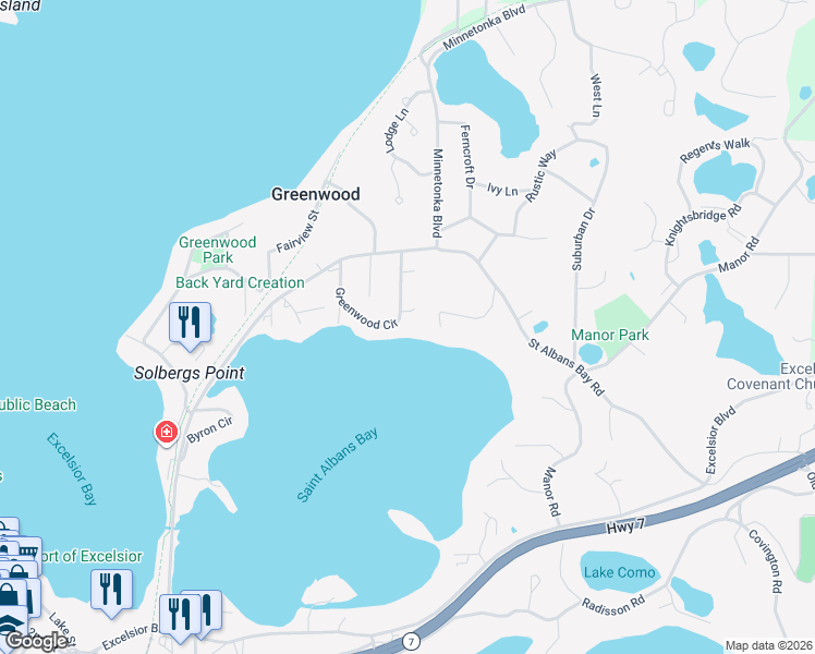map of restaurants, bars, coffee shops, grocery stores, and more near 5085 Greenwood Circle in Excelsior