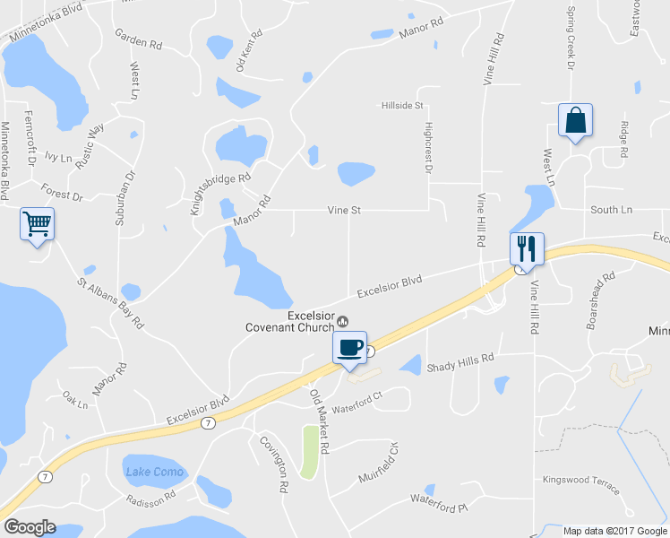 map of restaurants, bars, coffee shops, grocery stores, and more near 5120 Hooper Lake Road in Excelsior
