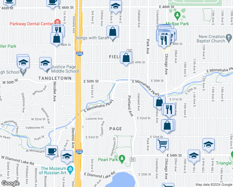 map of restaurants, bars, coffee shops, grocery stores, and more near 511 East Minnehaha Parkway in Minneapolis