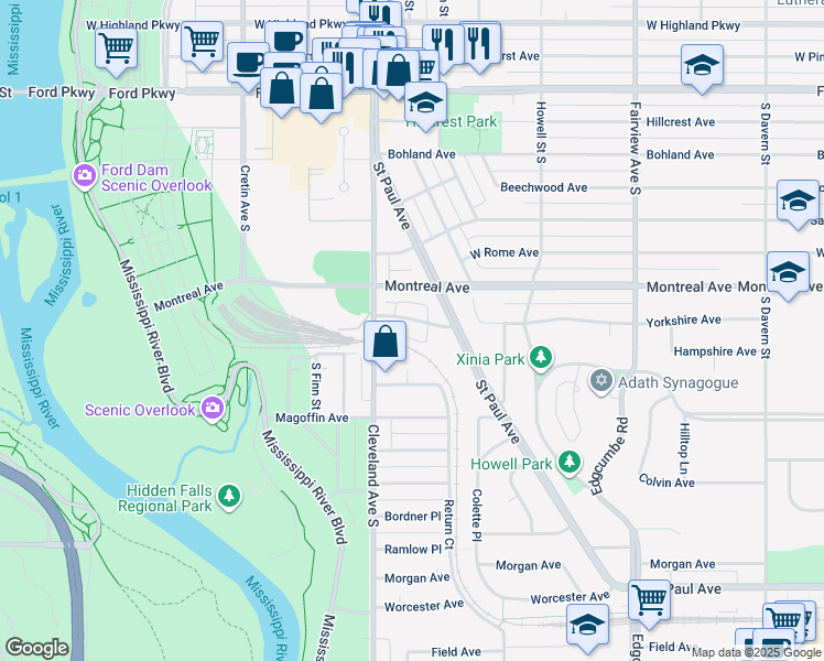 map of restaurants, bars, coffee shops, grocery stores, and more near 2040 Yorkshire Avenue in Saint Paul