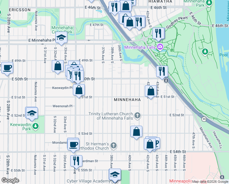 map of restaurants, bars, coffee shops, grocery stores, and more near 5031 38th Avenue South in Minneapolis